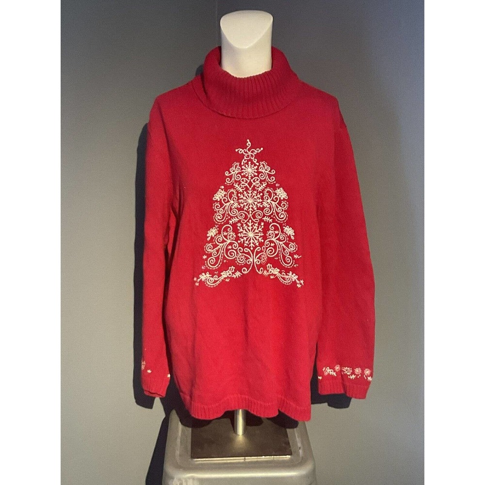 Women’s C.j. Banks Christmas Sweater Size 1x Hand Embroidered Turtleneck